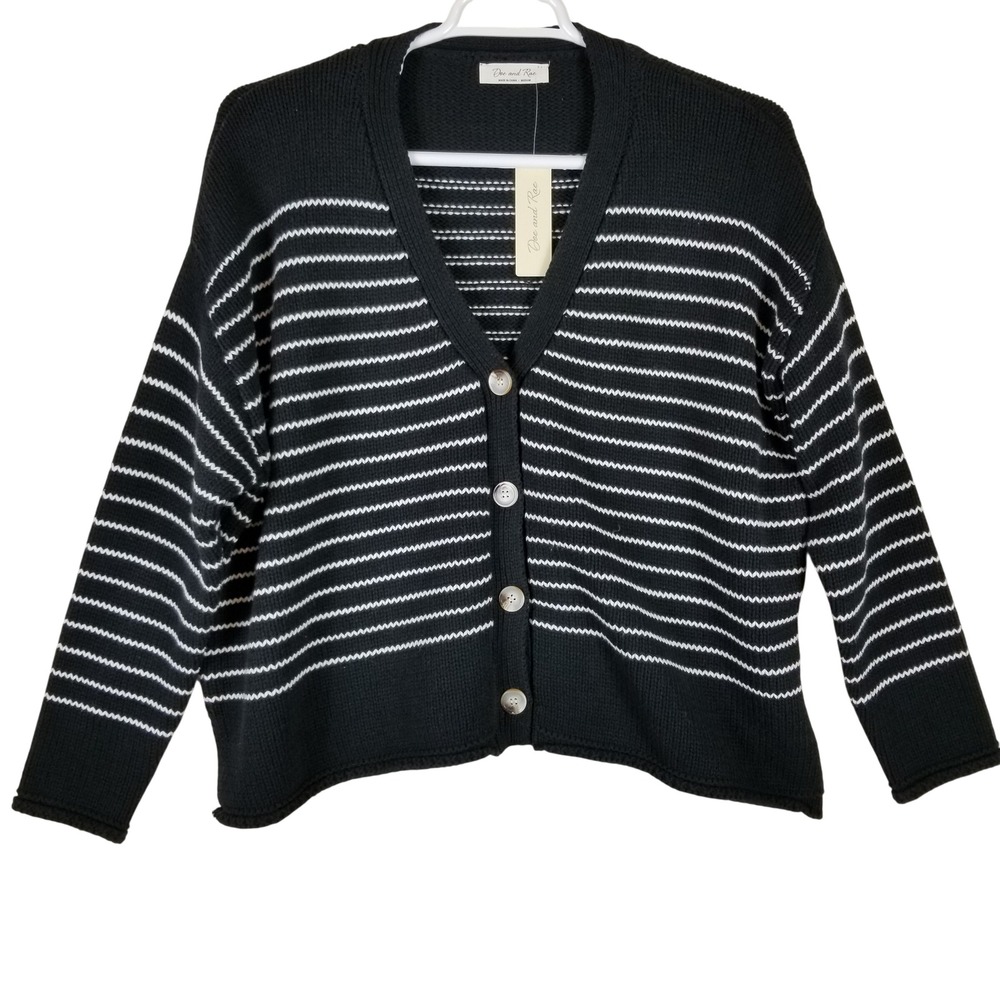 Doe and Rae Womens Striped Button Front Cardigan Sweater Black White Medium NEW‎